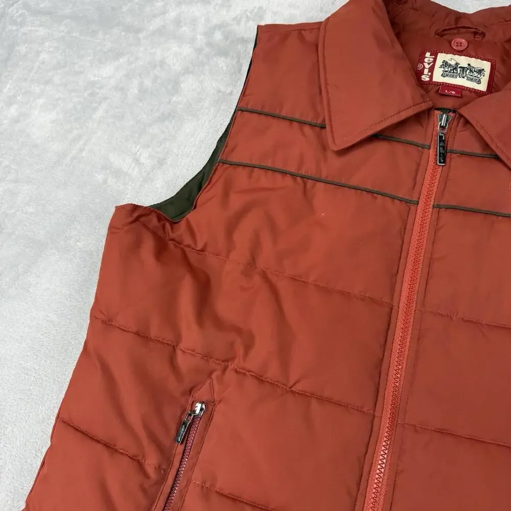 Levi’s Orange Puffer Vest Men Size L Vintage Style Full Zip Quilted Outdoor Y2K